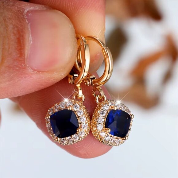 NEW 14k Yellow Gold Blue Sapphire Diamond Hoop Earrings - Picture 6 of 6